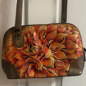 Anuschka Vibrant Floral Shoulder Bag in Orange and Brown